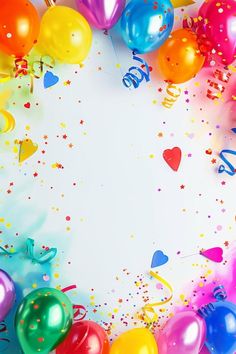 colorful balloons and confetti on a white background