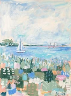 an abstract painting of sailboats on the water