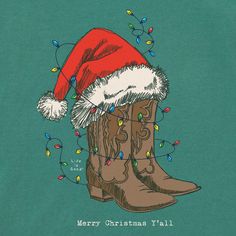 a drawing of a boot with a santa hat on it's head and christmas lights around the boots