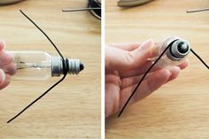 two pictures showing how to make an eyeball in a glass bottle with wire and thread