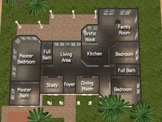 an aerial view of a house with lots of rooms and bathrooms on the first floor