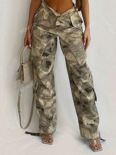 Details:Button \nStyle:Casual \nDetails:Pocket \nDetails:Zipper \nClosure Type:Zipper Fly \nColor:Green \nPattern Type:All Over Print \nType:Cargo Pants \nWaist Line:Natural \nLength:Long \nFit Type:Regular Fit \nFabric:Non-Stretch \nMaterial:Polyester \nComposition:100% Polyester \nCare Instructions:Hand wash,do not dry clean \nTemperature:Spring/Fall (18-25℃/63-77℉) \nBody:Lined \nSheer:No \n Women Pants, Cargo Pants Women, Spring And Fall, Cargo Pants, Camouflage, Pants For Women, Dry Clean, Hand Wash, Free Shipping