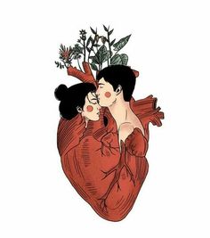 two women are kissing in the shape of a heart with plants growing out of it