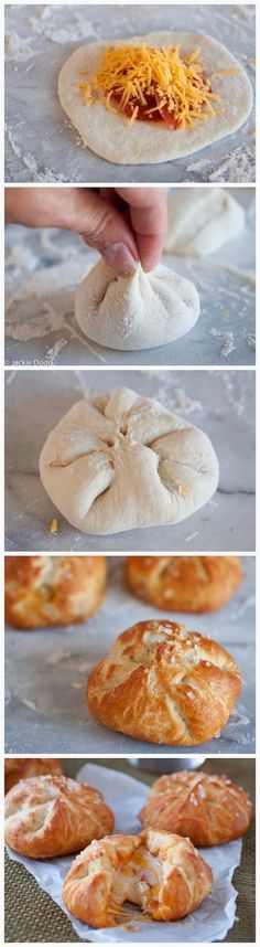 the process of making bread with cheese and other toppings on it, including an uncooked baguette