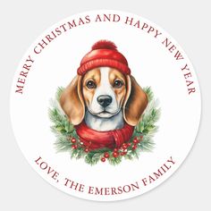 Watercolor Christmas Beagle Dog Beagle Hound, Bow Wreath, Gift Packages, Holiday Stickers, Watercolor Portrait