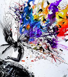 an artistic painting with birds and paint splatters