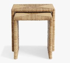 two wicker side tables on white background