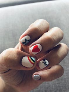 Cute Funny Nail Ideas, Frida Nails Design, Hipster Nail Art, Peace Nails, Hipster Nails, Tattoo Nail Art, Wow Nails, Punk Nails