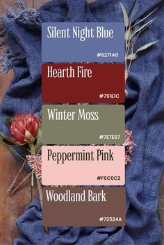 four different shades of blue, red and green with text over them that reads silent night blue hearth fire winter moss peppermin pink woodland bark