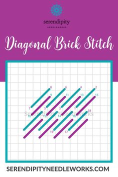 the diagonal brick stitch pattern is shown in purple and blue, with text overlaying it