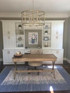 a room with white cabinets and a wooden table