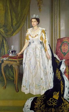 a painting of a woman in a white dress and tiara standing next to a dog