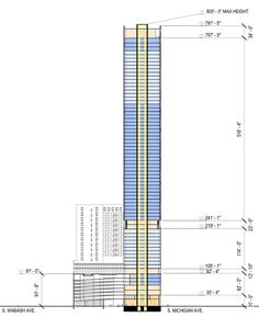 an architectural drawing of a tall building with blue and yellow stripes on the top floor