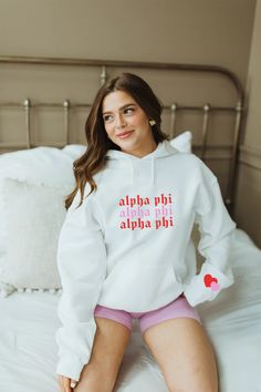 Heart Sleeve hoodie - Alpha Phi – Spikes and Seams Greek Alpha Sigma Alpha Shirts, Sorority Rush Shirts, Alpha Phi Shirts, Sorority Hoodies, Rush Shirts, Tri Delt, Theta Phi Alpha, Bid Day Shirts, Tri Sigma