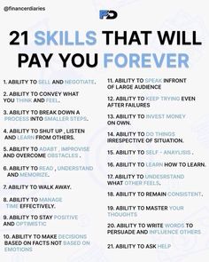 a poster with the words 21 skills that will pay you forever in blue and white