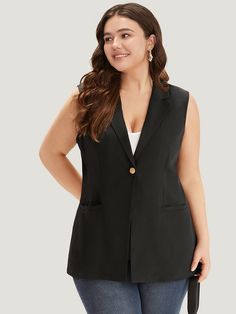 Plain Buckle Detail Lapel Collar Pocket Sleeveless Blazer Trendy Outerwear, Sleeveless Coat, Sleeveless Blazer, Fall Color, Womens Clothing Sizes, Lapel Collar, Outerwear Women, Sleeve Type, Plus Size Outfits