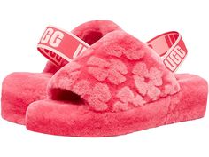 UGG Fluff Yeah Slide - Women's Slippers : Strawberry Sorbet Poppy : Whether you're in the comfort of your home or out on the town, the UGG Fluff Yeah Slide gets you style and comfort that's out of this world! Soft and plush sheepskin uppers with an open toe. Easy slip-on design with elastic strap with UGG graphic. Soft sheepskin linings and throughout. 10mm sheepskin insole and sheepskin wrapped midsole on a durable rubber outsole. Imported. This product contains real fur from Sheep or Lamb. Fur Ugg Ultra Mini Pink Blossom, Bday Wishlist Slippers, Pink Ugg Boots Ugg, Fluff Yeah Slide, Poppy Fields, Strawberry Sorbet, Women Slides, Statement Shoe, Slides Women