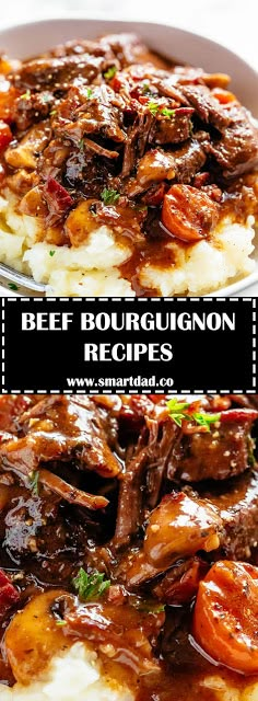 beef bourgugurignon recipe with potatoes and carrots in a white bowl