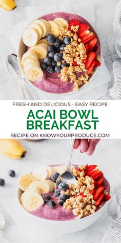 a bowl filled with fruit and cereal next to another bowl full of bananas, strawberries, and blueberries