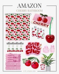 an advertisement for the cherry bath room with various items and decor on it's side