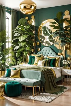 a bedroom with green walls, gold accents and lots of greenery in the corner