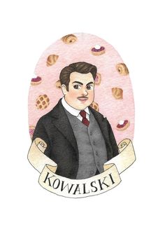 a drawing of a man in a suit and tie with cookies on the wall behind him