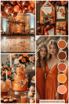 an orange and gold wedding color scheme with two women in dresses, one wearing a dress