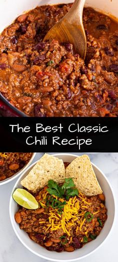 the best classic chili recipe in a bowl with tortilla chips