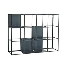 a black metal shelf with four cubes on each side and three shelves below it