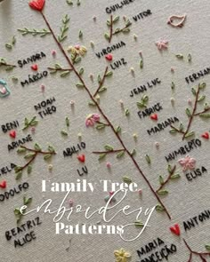 the family tree is made with embroidered flowers and words that spell out names in spanish