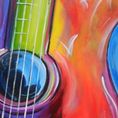 a painting of an acoustic guitar with colorful colors on it's body and neck