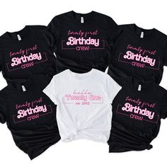 the birthday crew shirts are black and pink