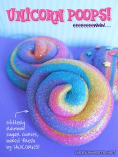 there are three rainbow donuts with icing on top of each one and the words unicorn pops below it