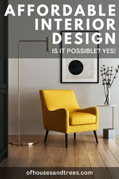 a yellow chair sitting on top of a hard wood floor next to a white wall