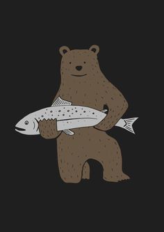 a brown bear holding a fish in its paws on a black background with the caption's name