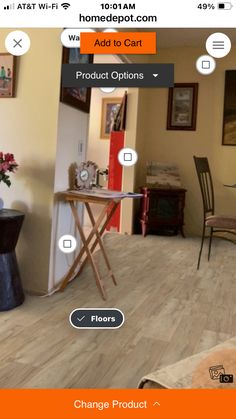 the home depot app is showing an image of a living room and dining room area