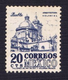 an old postage stamp with the image of a church in mexico on it's side