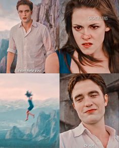 the twilight saga movie scene with robert pattis and elizabeth green in blue dress, as well as an image of her face