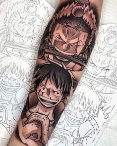 a man's arm with tattoos on it and an image of the character naruta