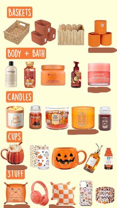 an orange poster with many different items and words on it, including candles, soaps,