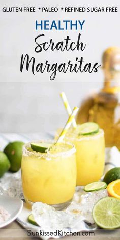 two margaritas on a plate with limes and salt in the background text reads healthy scratch margaritas