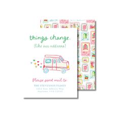 two greeting cards with the words things change and an image of a bus on it