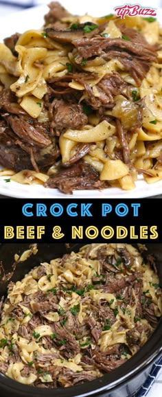 crock pot beef and noodles in a skillet on a white plate with the words crock pot beef and noodles above it