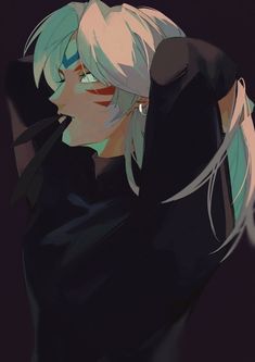 an anime character with blonde hair and blue eyes, wearing black clothes in front of a dark background