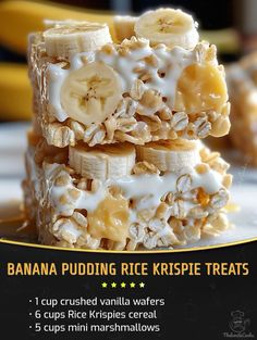 banana pudding rice krispie treats stacked on top of each other