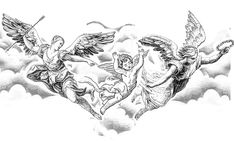 two cherubs flying in the sky with clouds and birds around them, one is holding