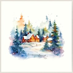 a watercolor painting of snow covered trees and houses in the distance with a white background