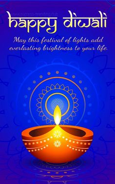 happy diwali greeting card with an image of a lit candle on a blue background