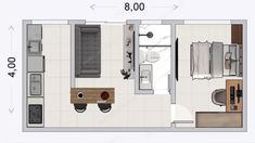 the floor plan for a small apartment with an attached bathroom and living room, as well as two separate bedroom areas