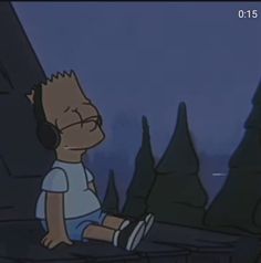 a cartoon character with headphones sitting on a ledge